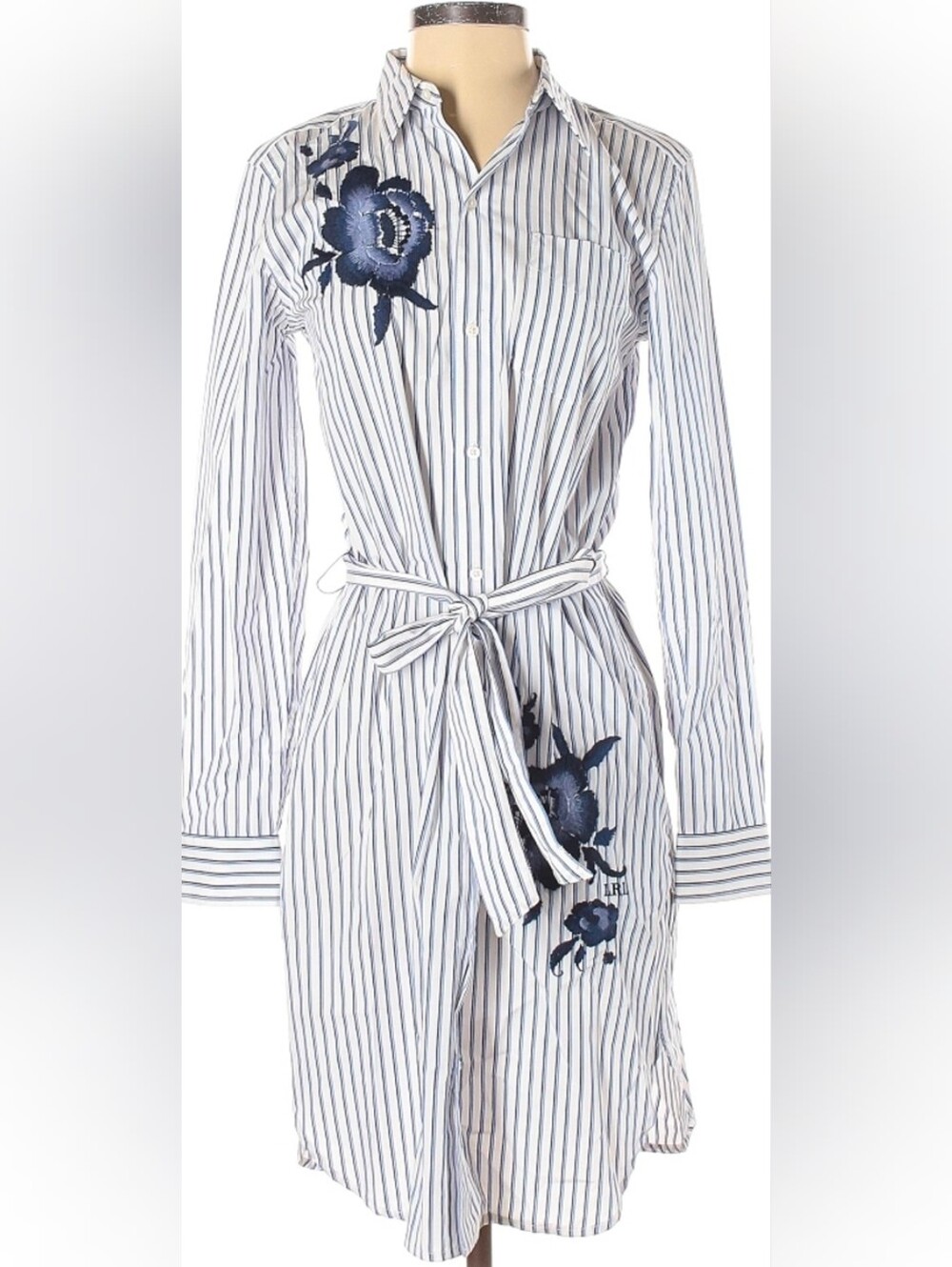 Girls' Blue Stripe Shirt Dress with Floral Embroidery